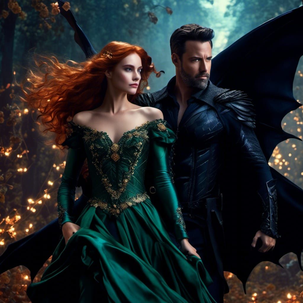 Romantic Couple with Black Wings, Detailed Digital Art