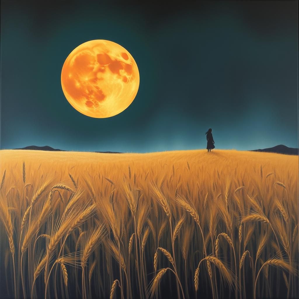 Wheat Field Under Blood Moon in Surrealist Style
