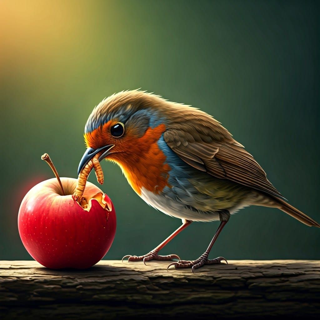 Hyperrealistic Robin Retrieves Maggot from Vibrant Red Apple