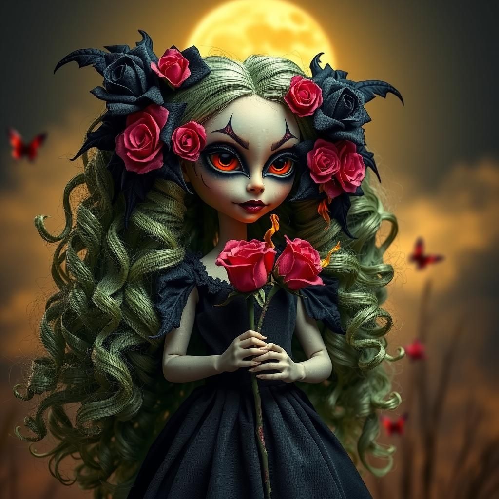 Haunted Doll with Fiery Rose in Fantasy Art