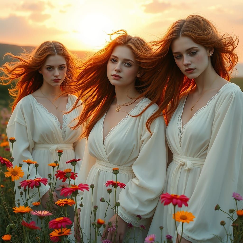 Ethereal Irish Women in Wildflower Field, Pre-Raphaelite Sty...