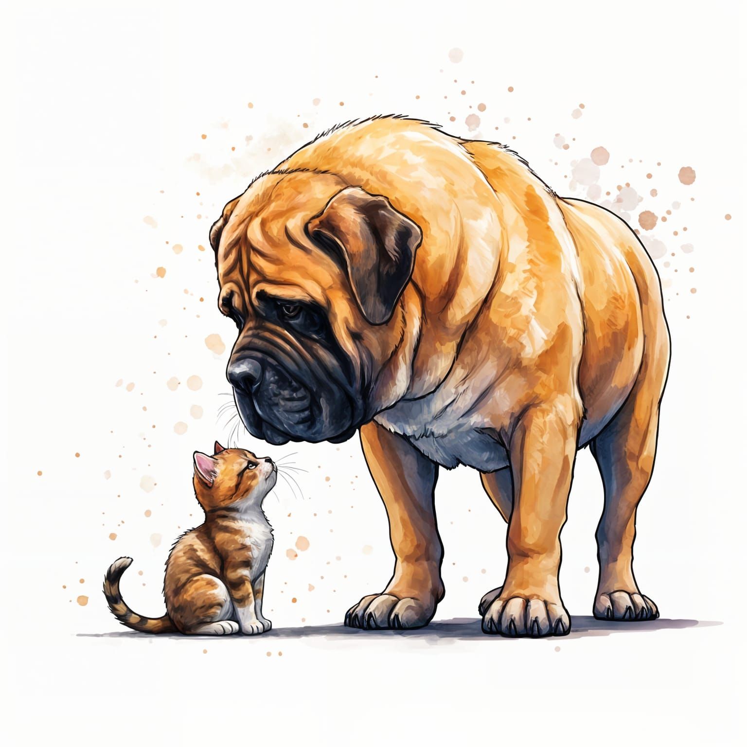Touching Noses: Mastiff and Kitten Watercolor