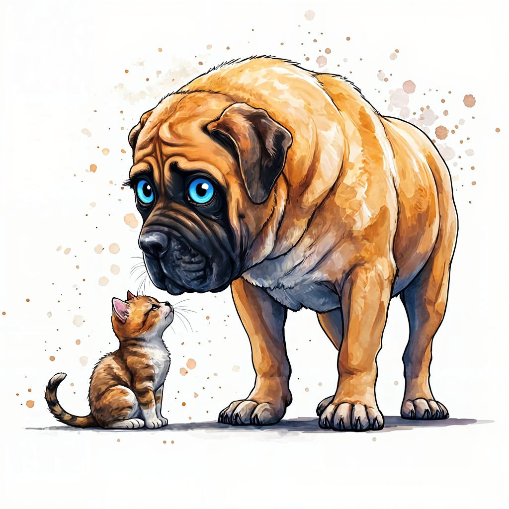 Mastiff and Kitten Tender Moment in Watercolor