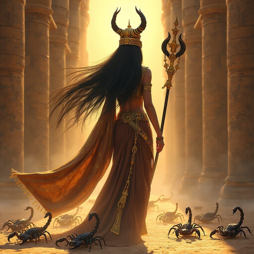 Ancient Egyptian Goddess Serket Emerges from Temple with Sco...