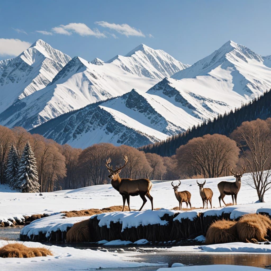 Deer in Snowy Glade with Mountains
