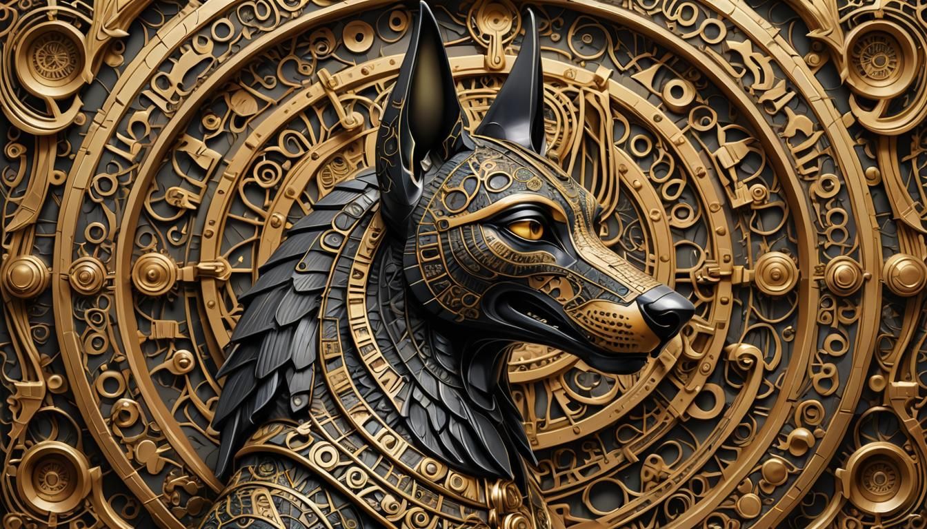 Anubis Sculpture in Steampunk Frame with Fractal Background