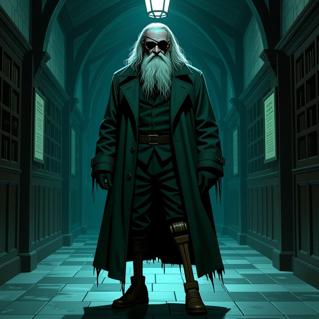 Mad Eye Moody in Hogwarts Corridor, Gritty Art Style