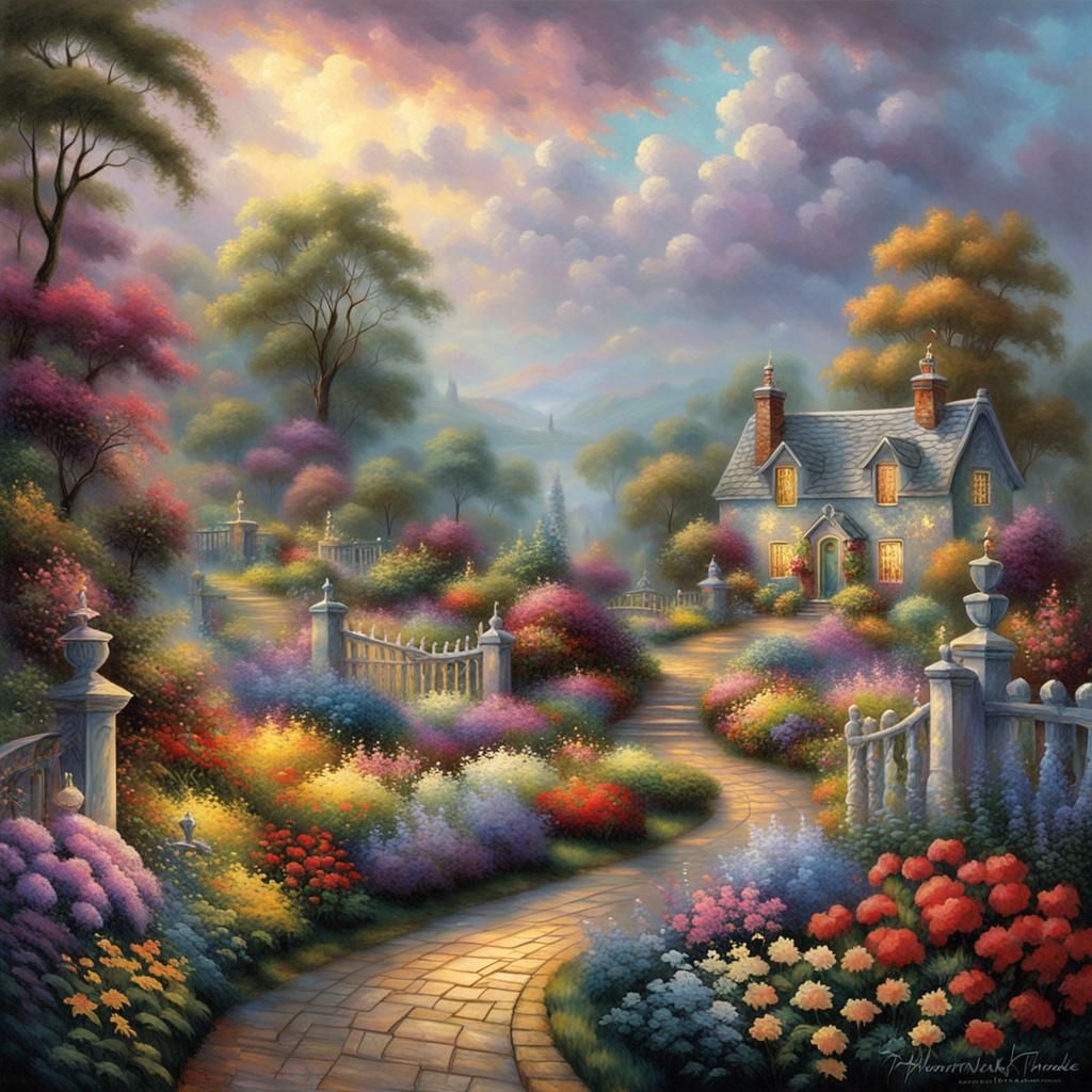 Ethereal Garden Against Stormclouds in Fantasy Style