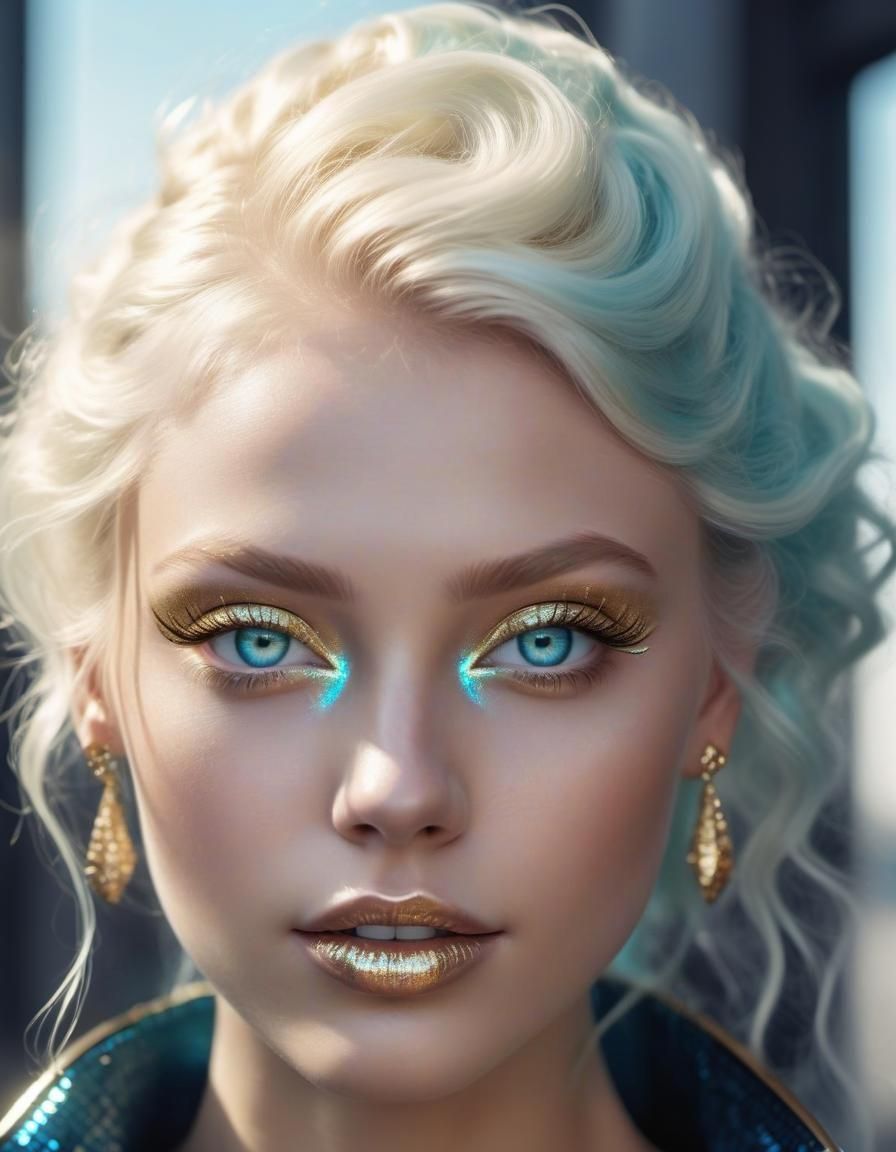 Beautiful young lady with wavy platinum blonde hair and crys...