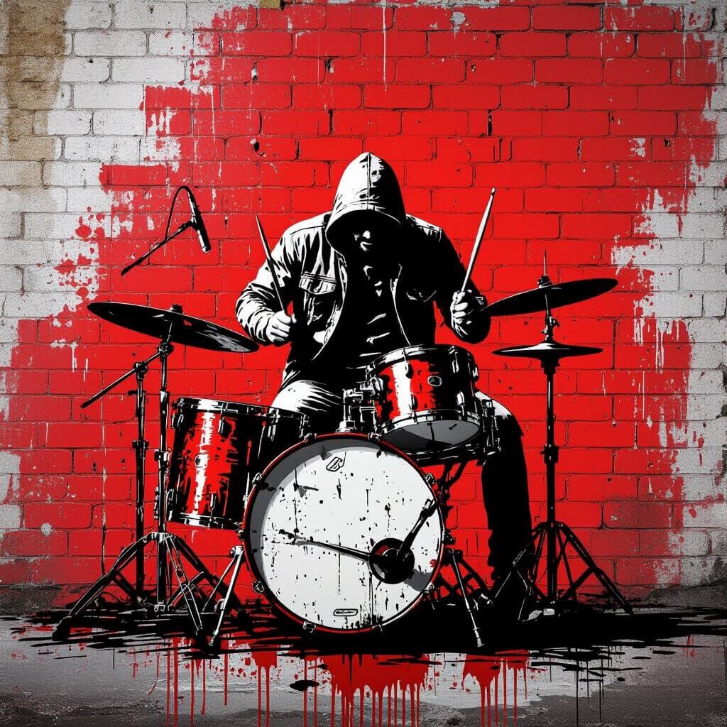 Stencil Graffiti of Drummer in Black, White, and Red