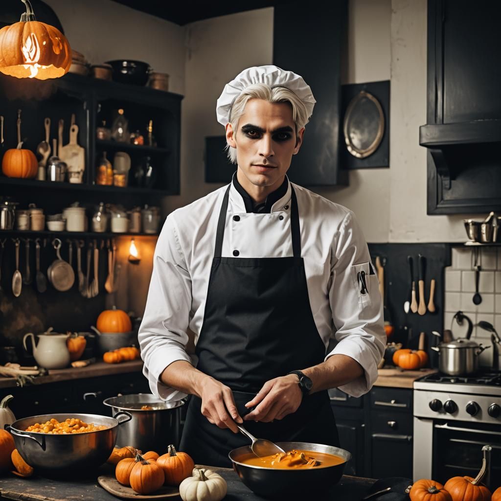 Gothic Chef Prepares Pumpkin Soup: Cinematic Still