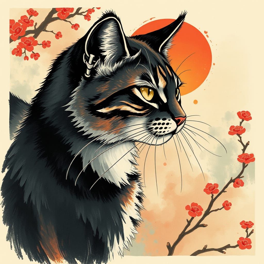 Whimsical Suibokuga Feline Portrait