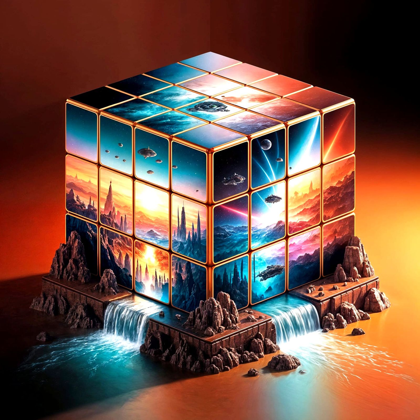 Surreal Sci-Fi Rubik's Cube Waterfall