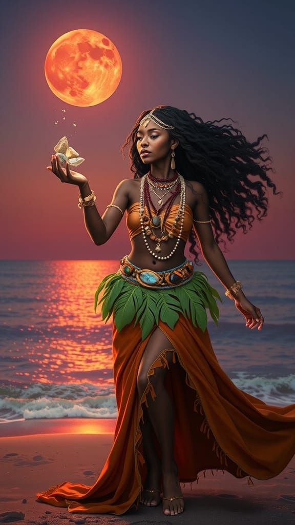 Luminous Red Moon Goddess on Sandy Beach