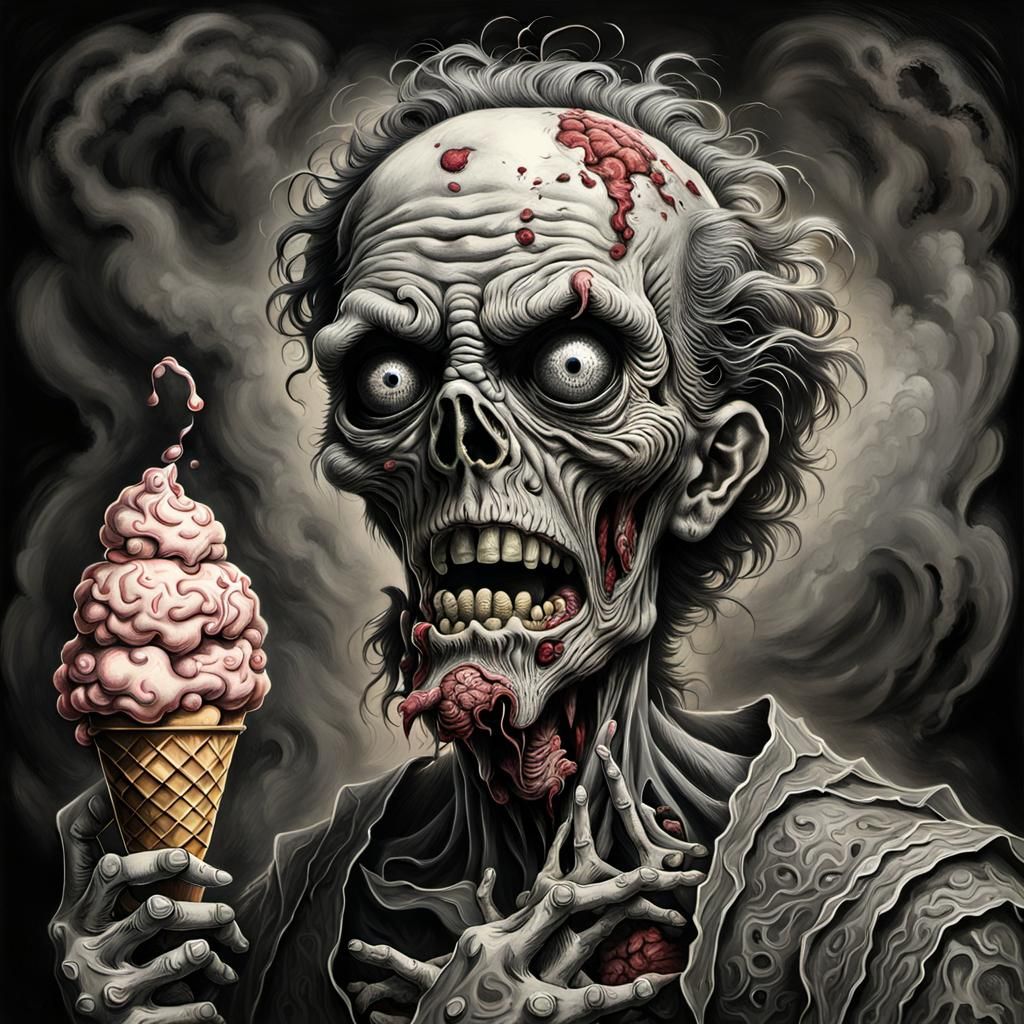 Zombie with Brain Ice Cream, Hyperdetailed Charcoal Art