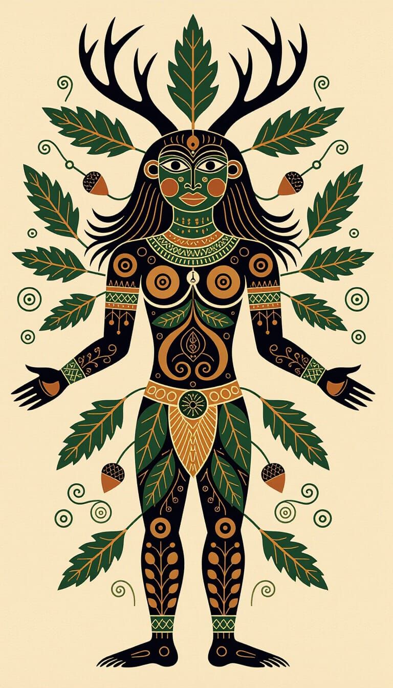 Forest Deity Cave Painting with Folk Art Symbols