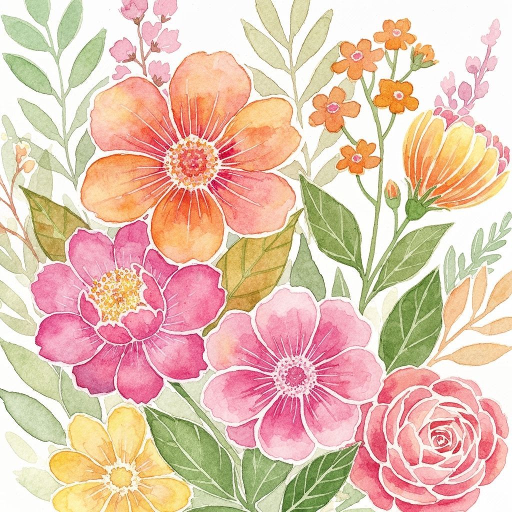 contemporary watercolor painting with a botanical theme, vib...