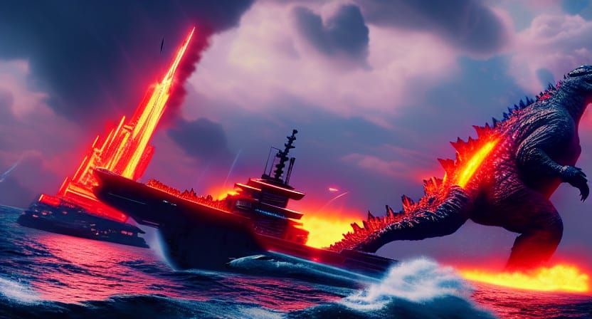 Godzilla Destroys a Boat in Cyberpunk City