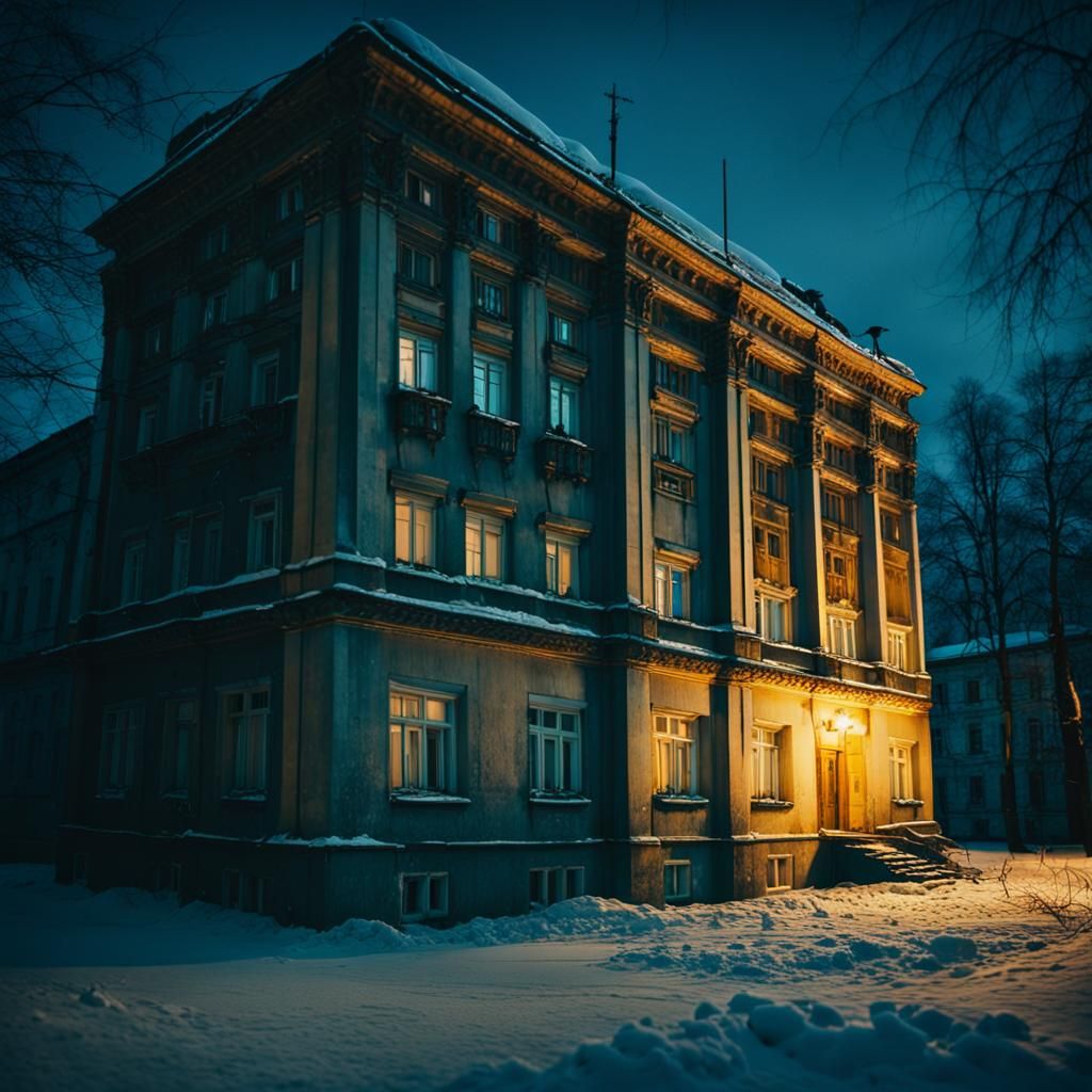 Dramatic Soviet Building at Night in Winter