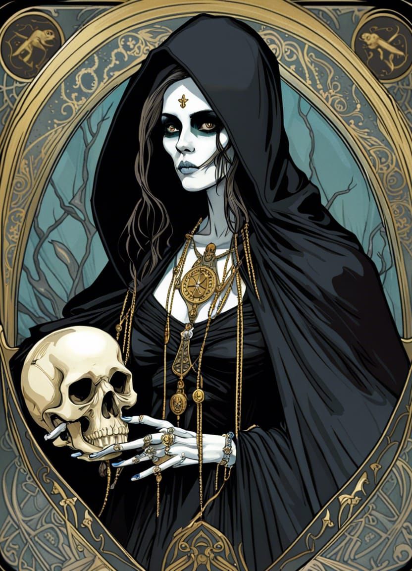 Death Tarot Card with Priestess in Art Nouveau Style