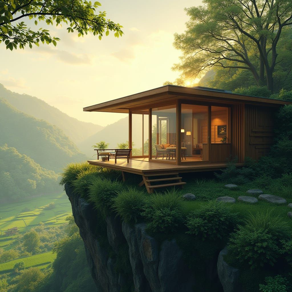 Hyper Realistic Cabin House with Sunrise Reflections