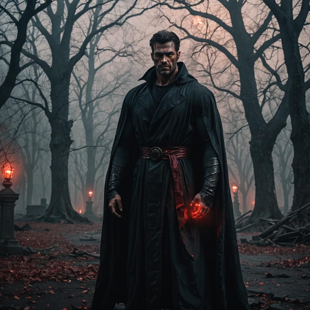 Eerie Red Glow on Brooding God in Misty Park