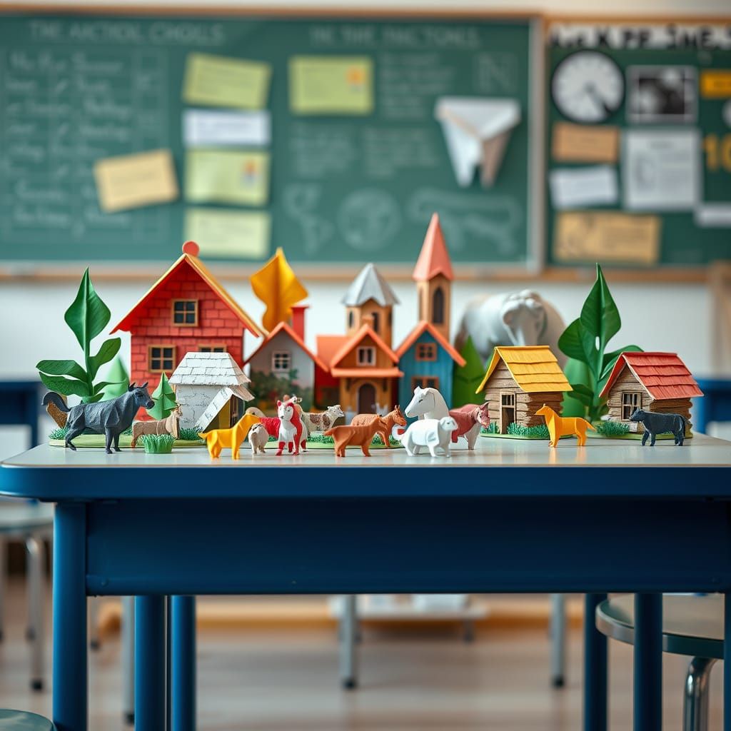 Origami Village Scene on School Desk in Papercraft Style
