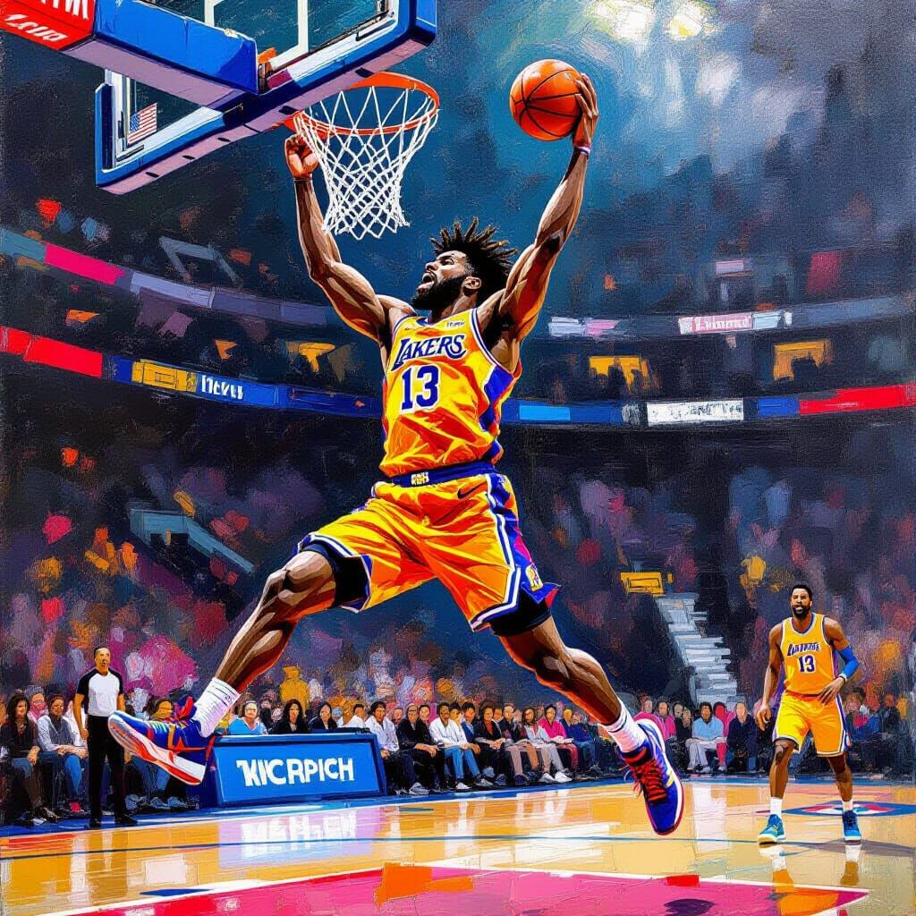 Basketball Player Dunking: Impasto Oil Painting