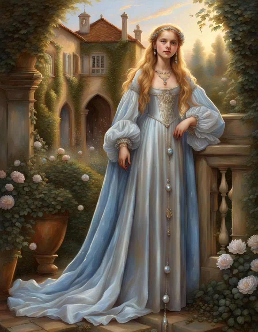 Renaissance Girl in Silver Gown with Golden Hair
