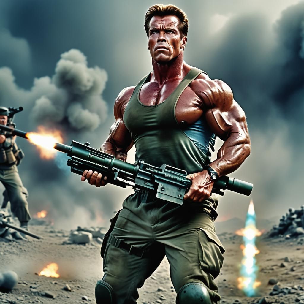 Muscular Soldier Unleashes Fury with Rocket Launcher in Cine...