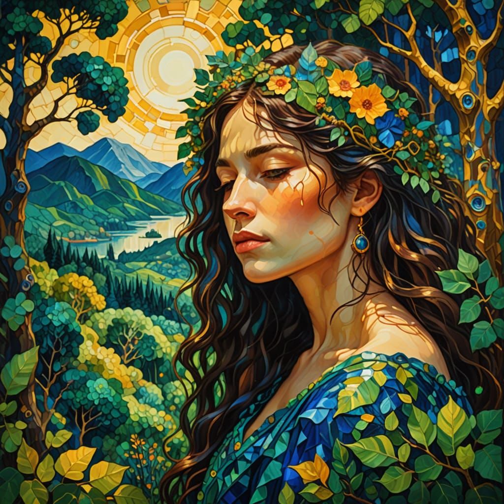 Oil painting. The Earth is personified as a sleeping giant, his body covered in forests, mountains, and oceans. He is dr...