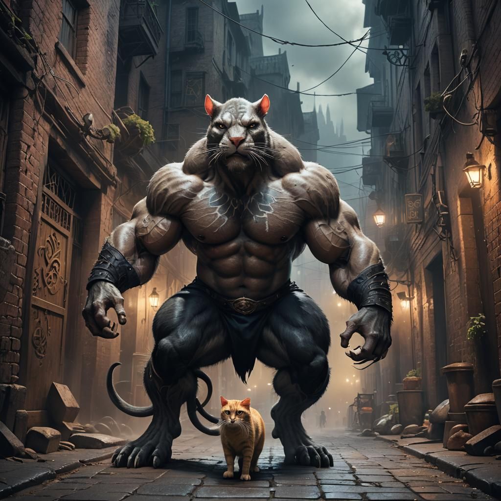 Giant Bodybuilder Rat Dominates Cowering Cat