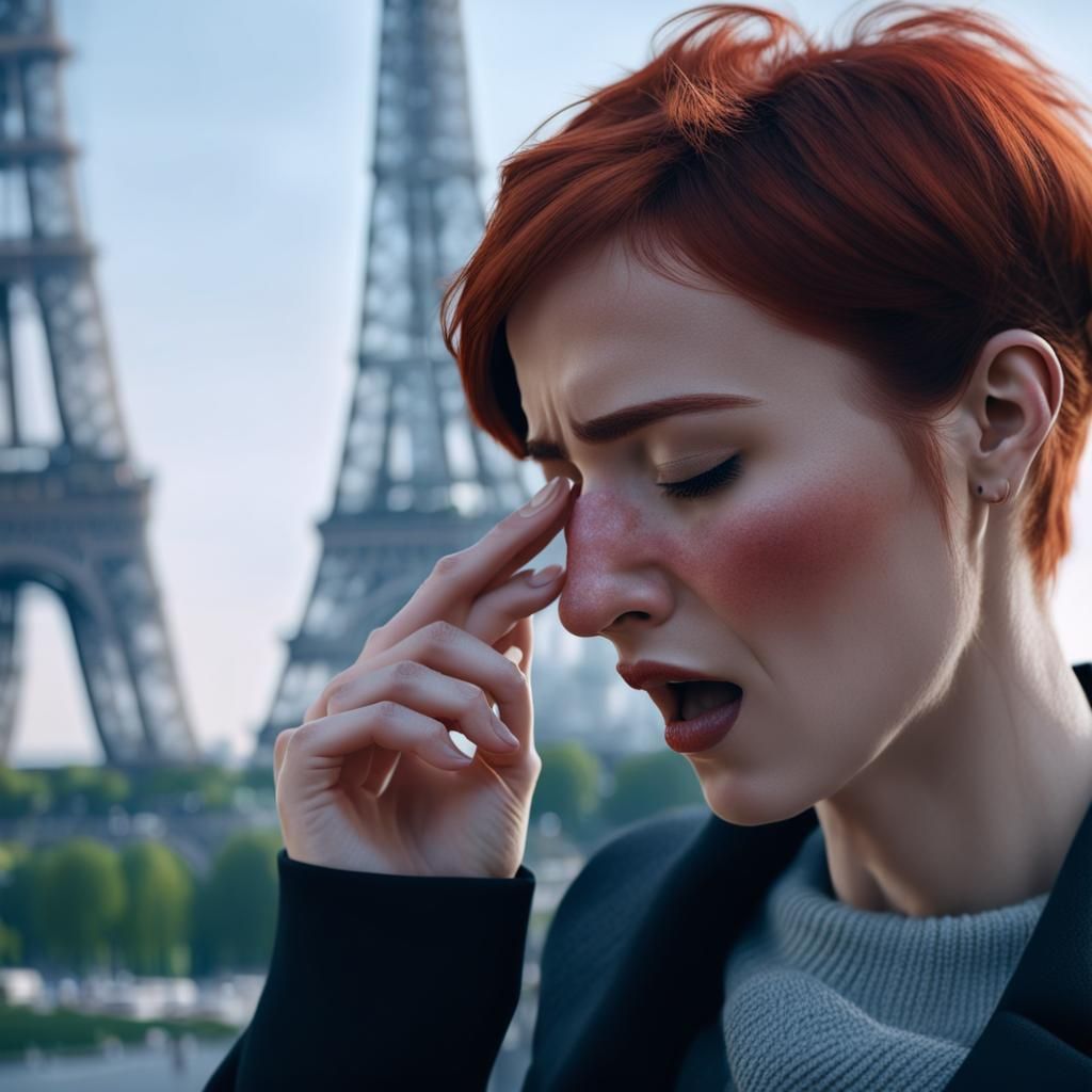 Redhead Girl Sneezing in Paris: Matte Painting