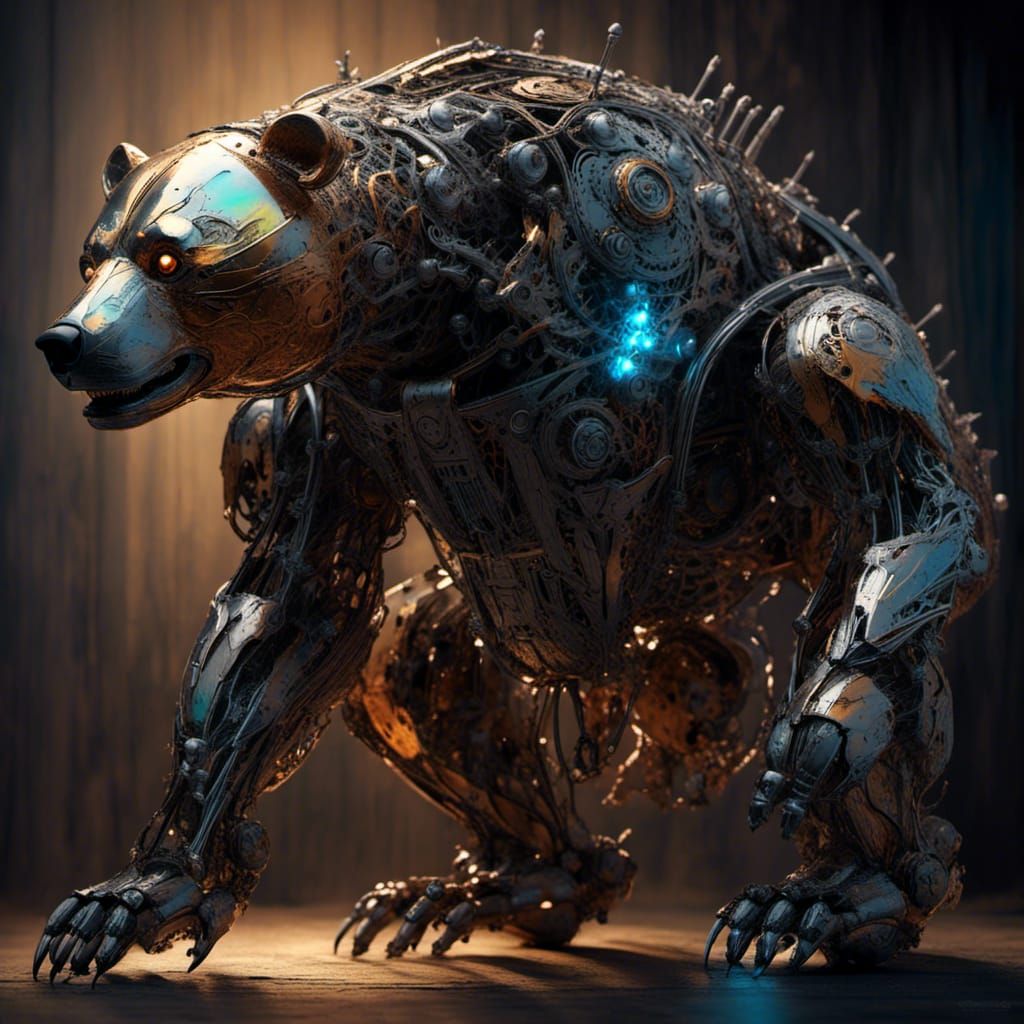 Articulated Cyborg Bear in Iridescent Armor