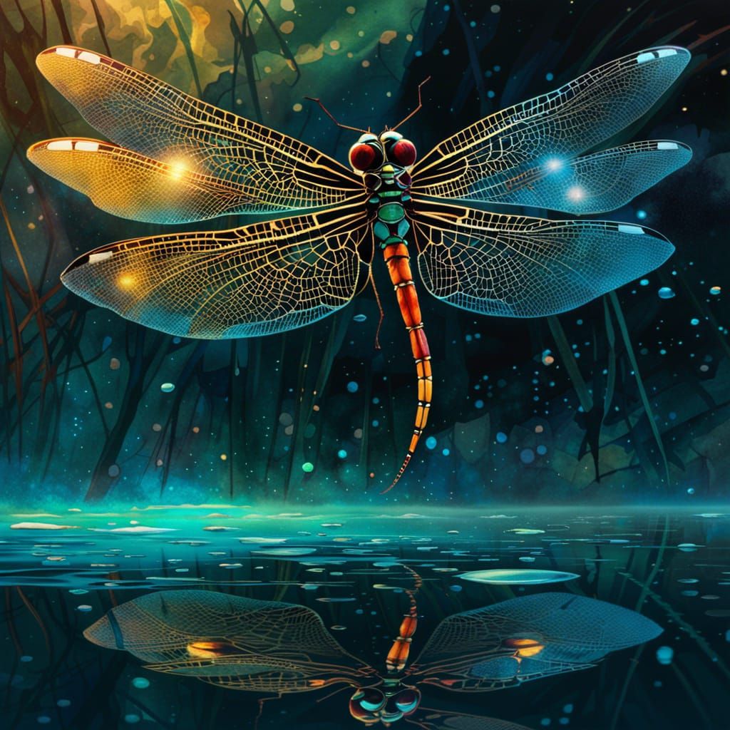 Dragonfly Gazing at Mirrored Reflection in Watercolor Style