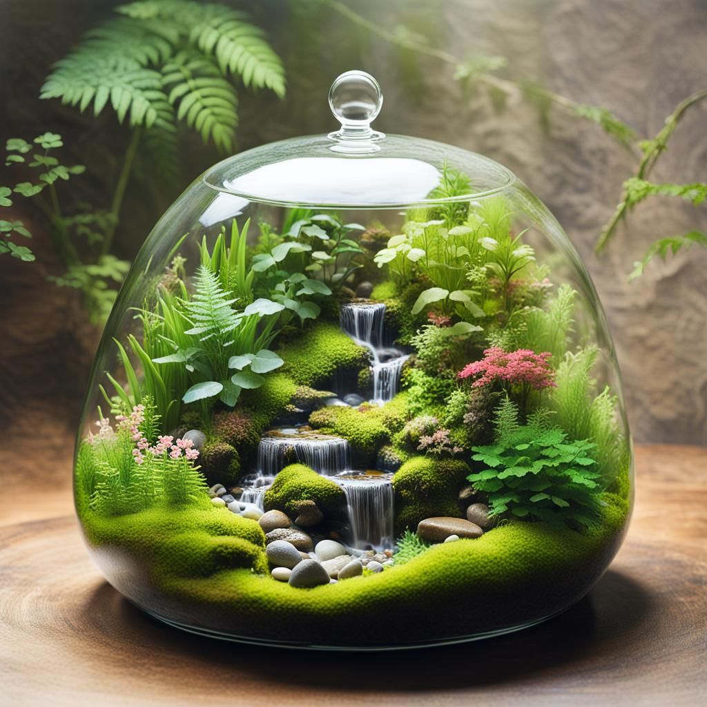 Lush Miniature Forest Terrarium in Watercolor Style