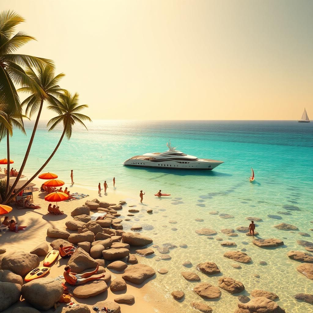 Serene Beachscape with Yacht in Digital Art Style