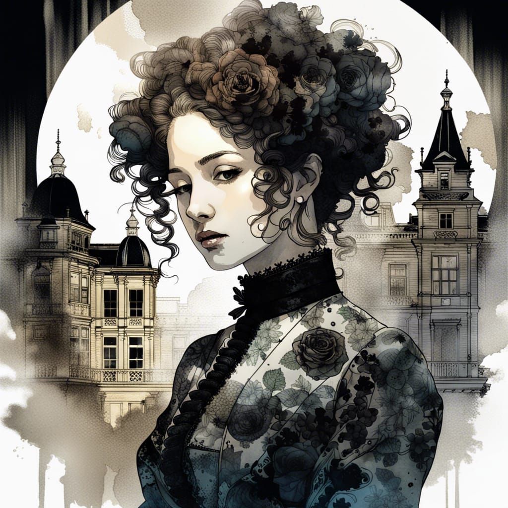 Victorian Lady with Roses Double Exposure Portrait