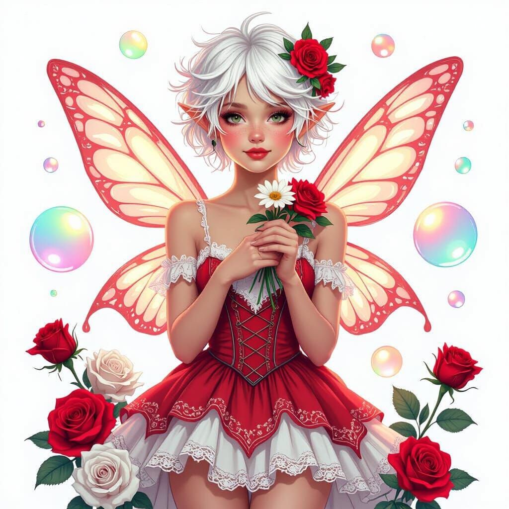 Adorable Pixie Holding Flowers in Neon Light Bubbles