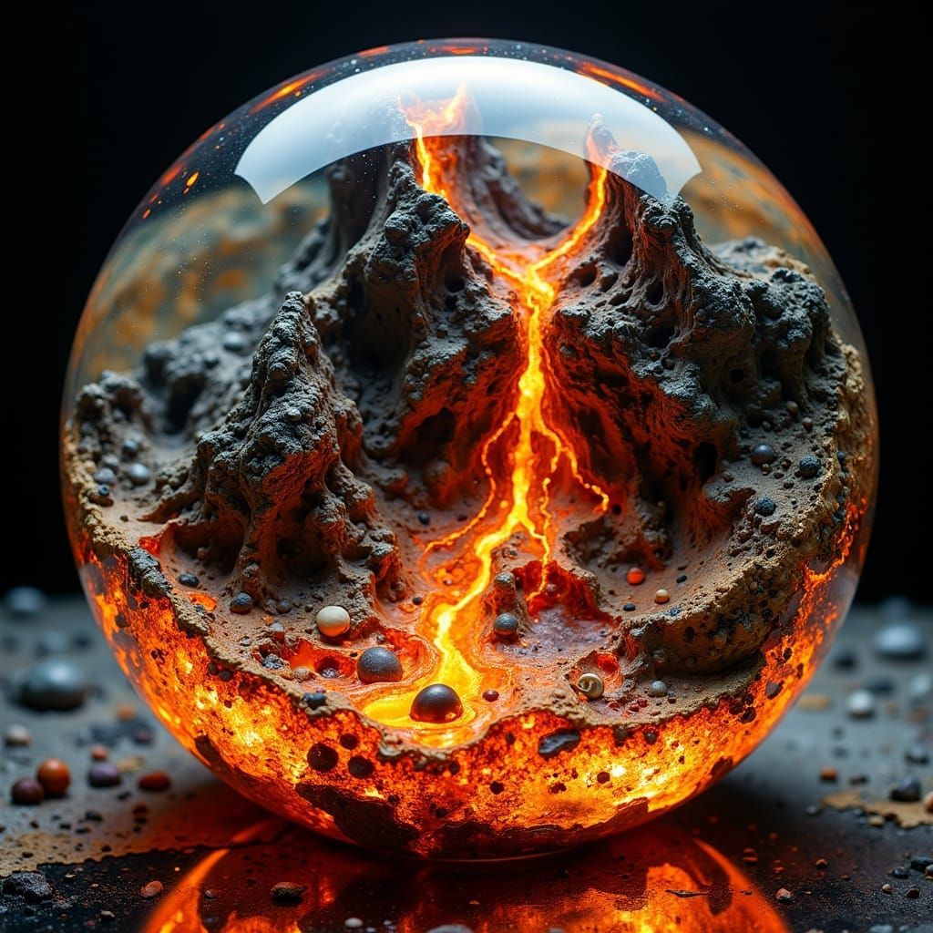 Lava Avalanche in Glass Sphere, Hyperrealistic Photography