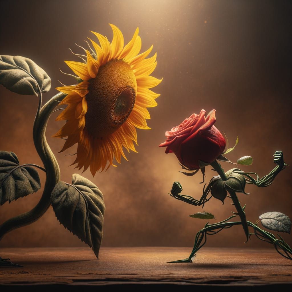 Sunflower and Rose in Dramatic Battle