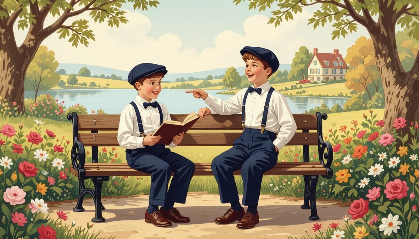 Two Boys in Vintage Attire in a Lush Park