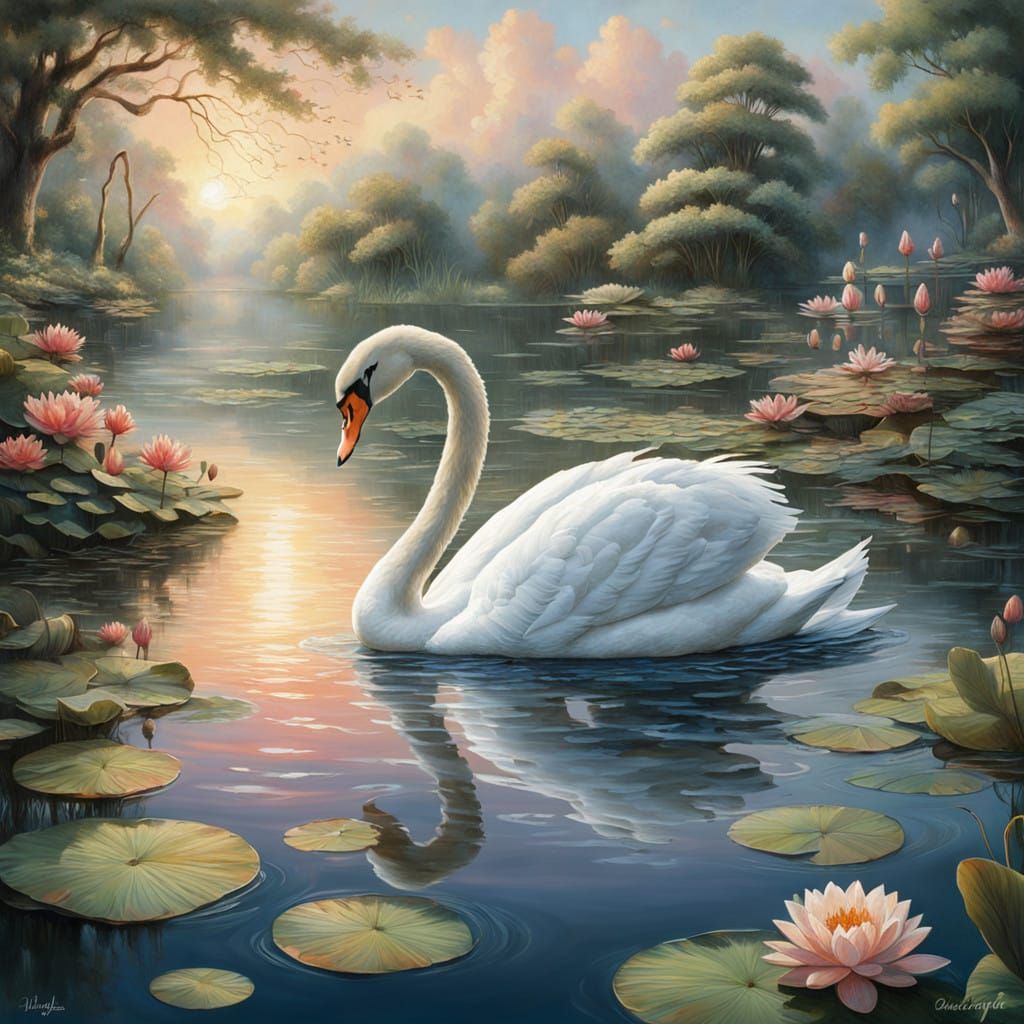 Serenely Gliding White Swan in Lush Paradise with Peach Hues