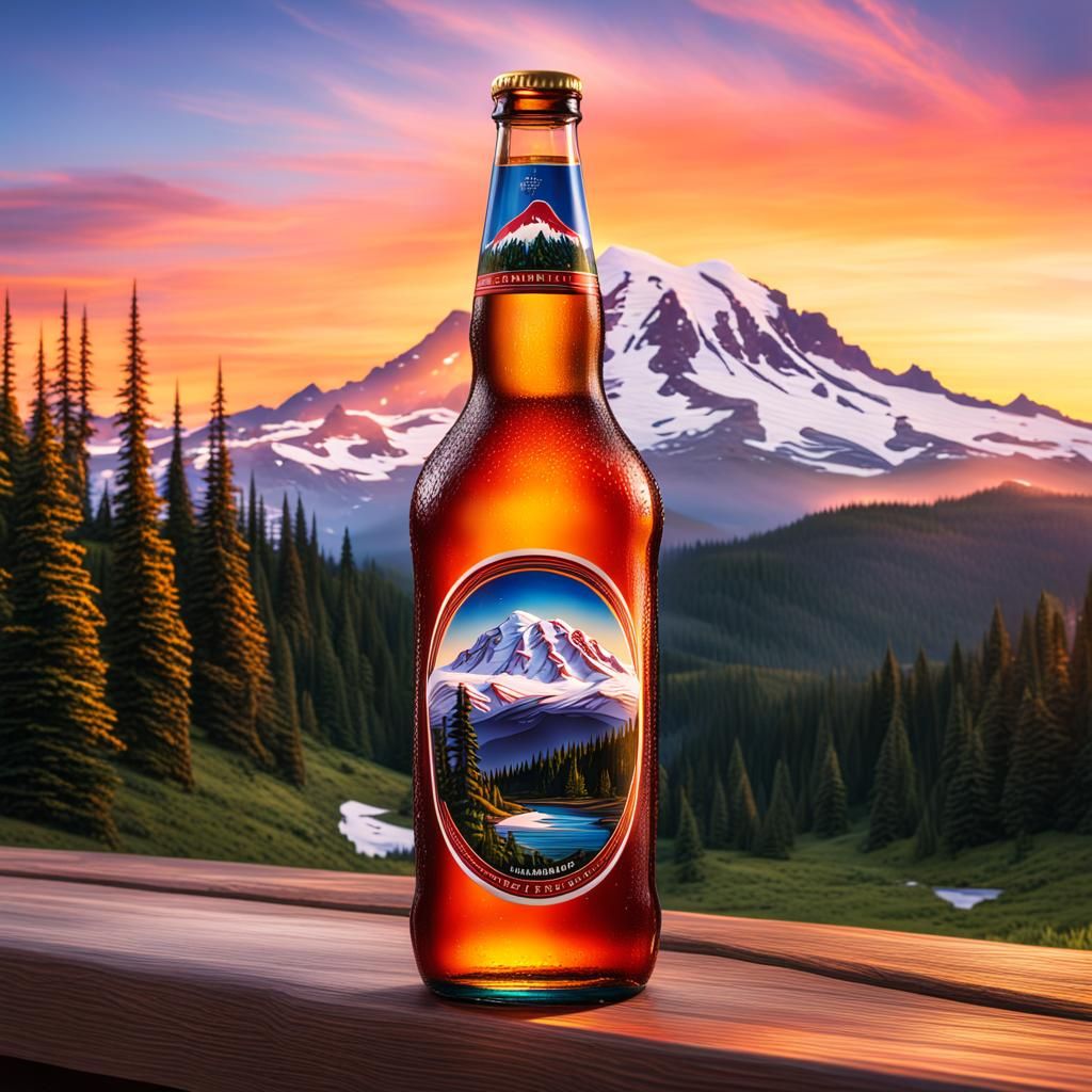 Rainier Beer Meets Majestic Mount Rainier at Sunset