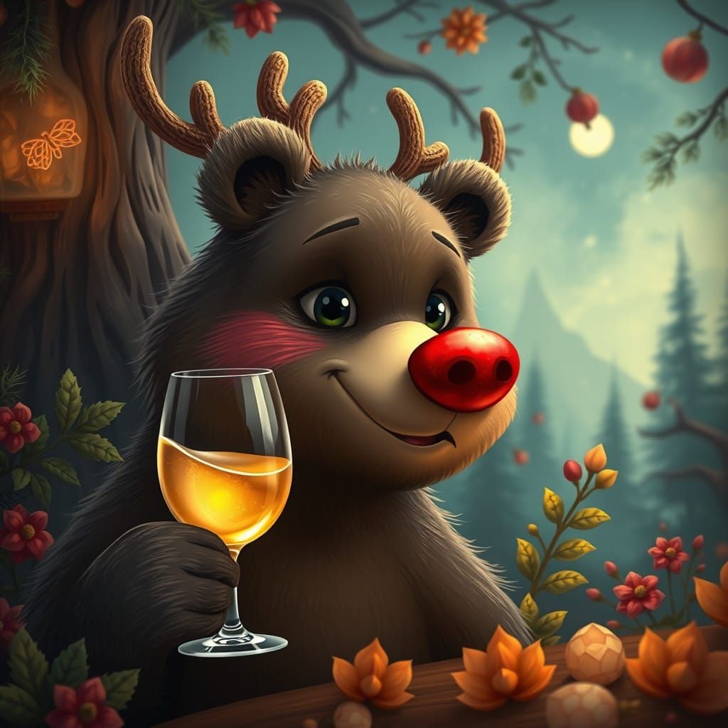 Whimsical Drunken Bear in a Fantastical Winter Wonderland