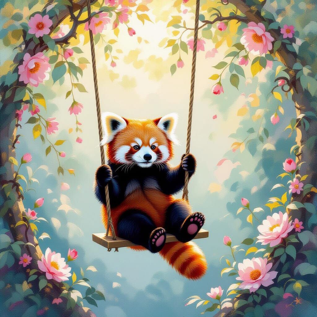 Red Panda on a Swing in Metamodern Style