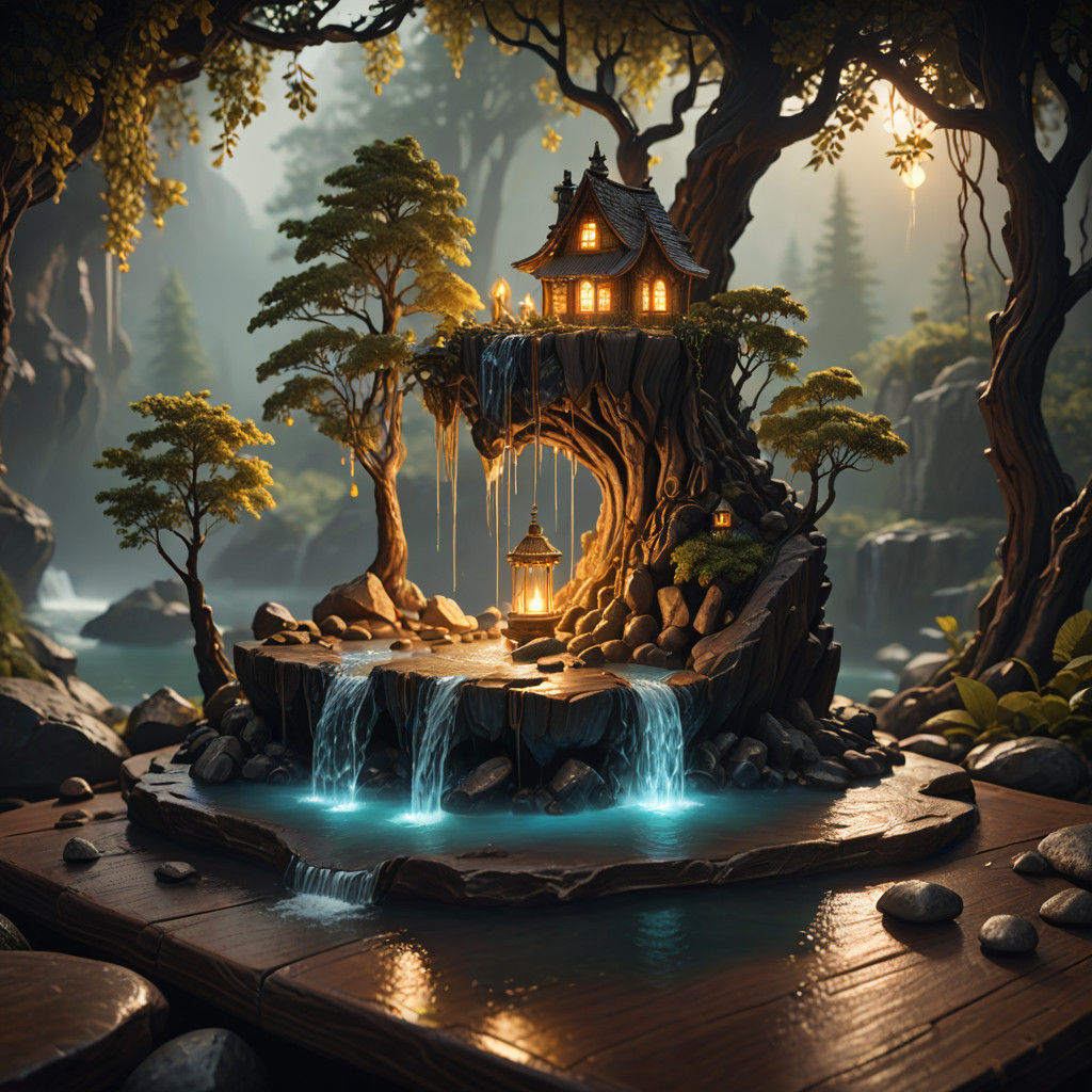 Surreal Wooden Table Landscape with Glowing Waterfall