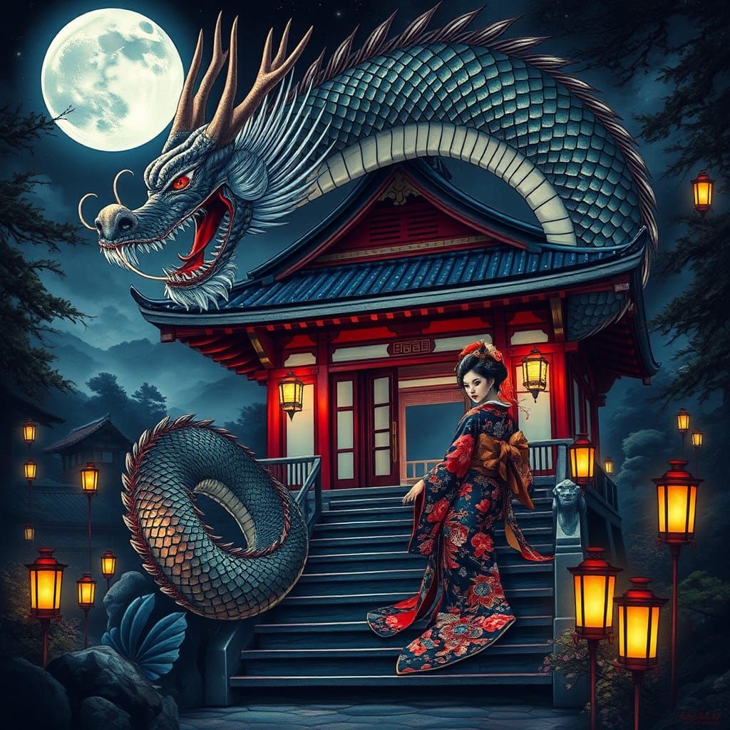 A beautiful Japanse Scene with a  High Detailed Painted Dragon and Beautiful  Detailed Drawn Geisha, Mystical Style, Dar...