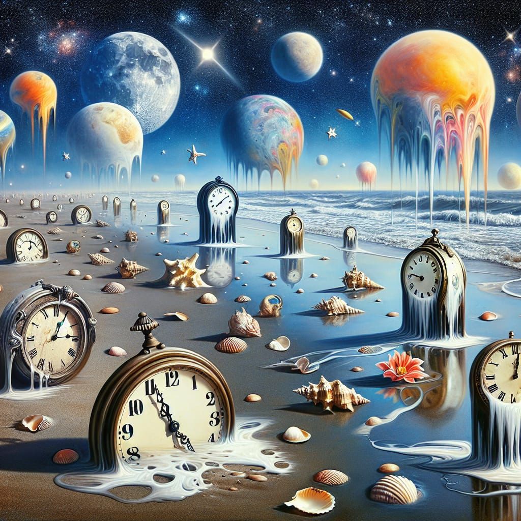 Surreal Beach with Melted Clocks and Glowing Planets