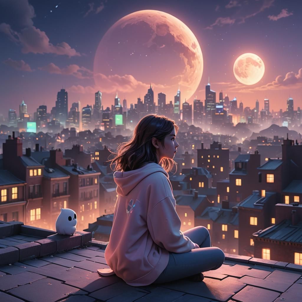 Girl on City Rooftop with Ghost Friend